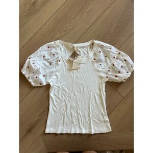 Hem and Thread White Ribbed Puff Sleeve Embroidered Cherry Top Size M